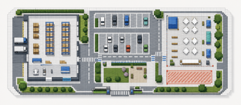 Example interactive space plan with warehouse, parking, and event areas